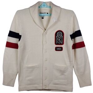 Mitchell & Ness Tennis Cardigan Jacket Large Cream‎ Knit Navy Red Stripes New